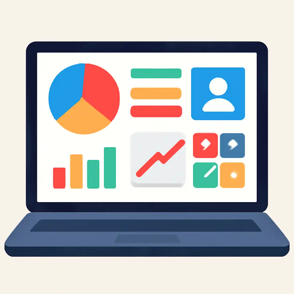 Laptop shown from the front displaying a colourful flat dashboard of abstract charts, bars and icon tiles, Lottery Sambad