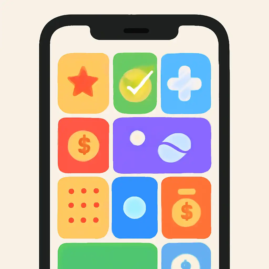 Smartphone shown from the front displaying a colourful flat layout of abstract game icons and rounded tiles, How the