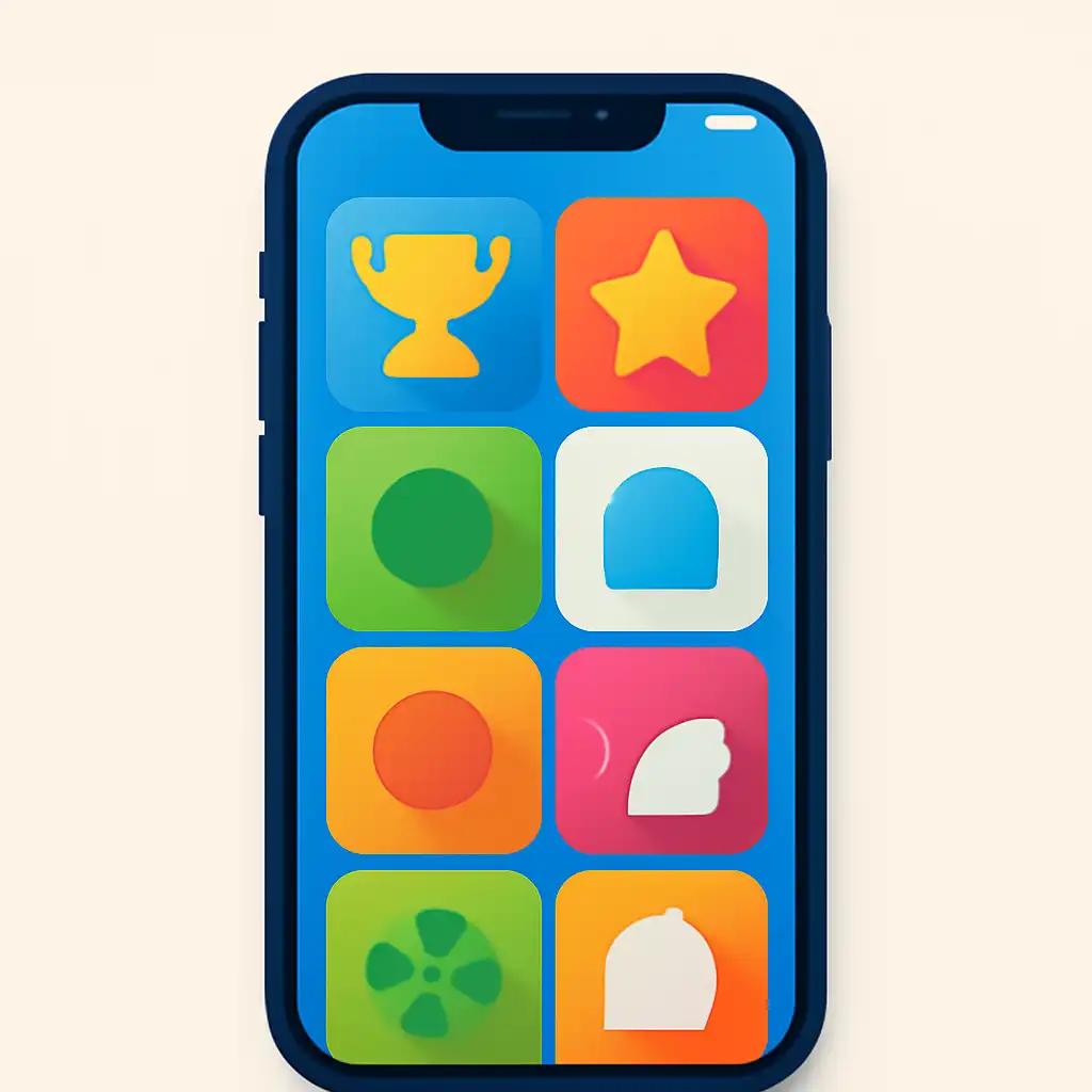 Smartphone shown from the front displaying a colourful flat layout of abstract game icons and rounded tiles, Today's
