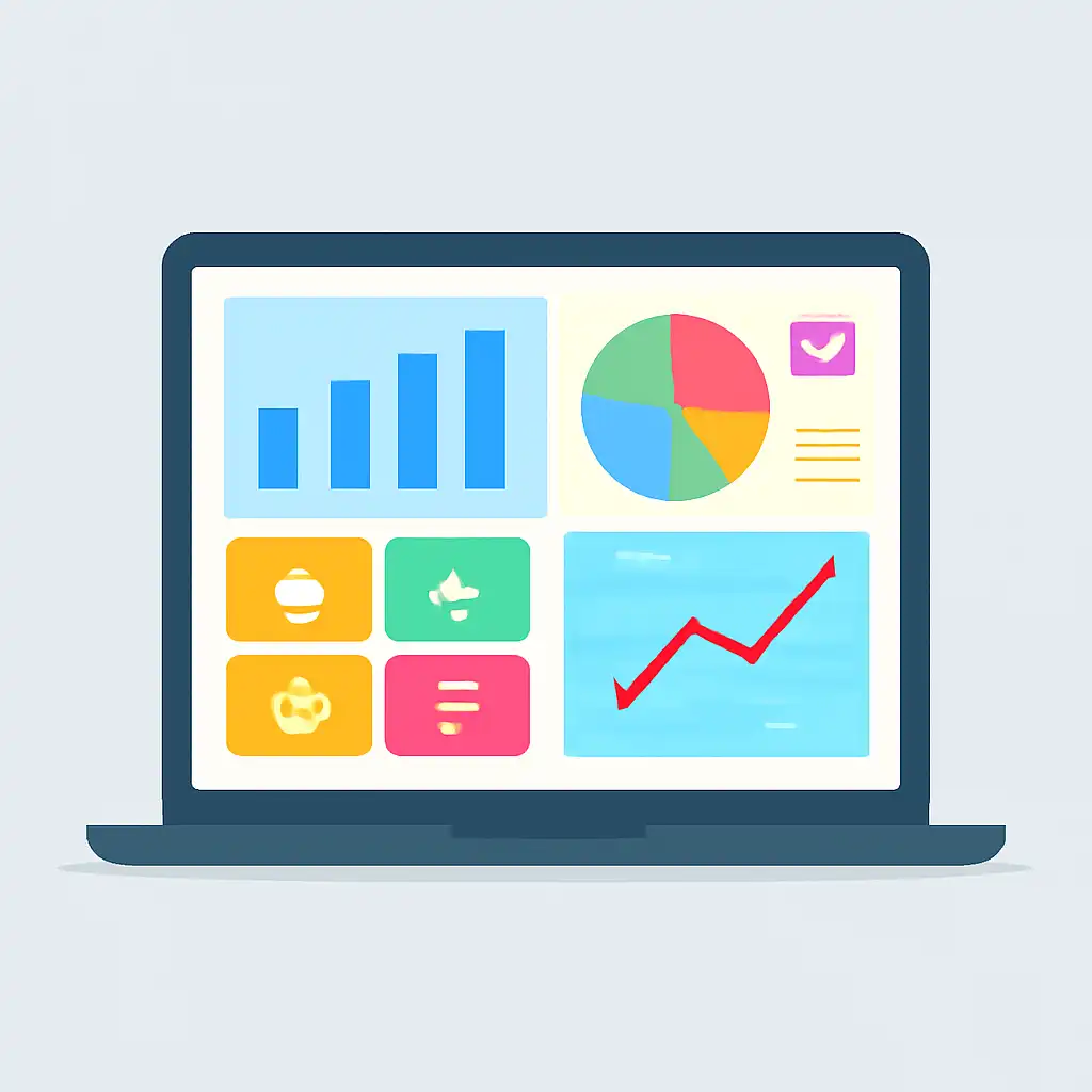 Laptop shown from the front displaying a colourful flat dashboard of abstract charts, bars and icon tiles, Today's Lottery