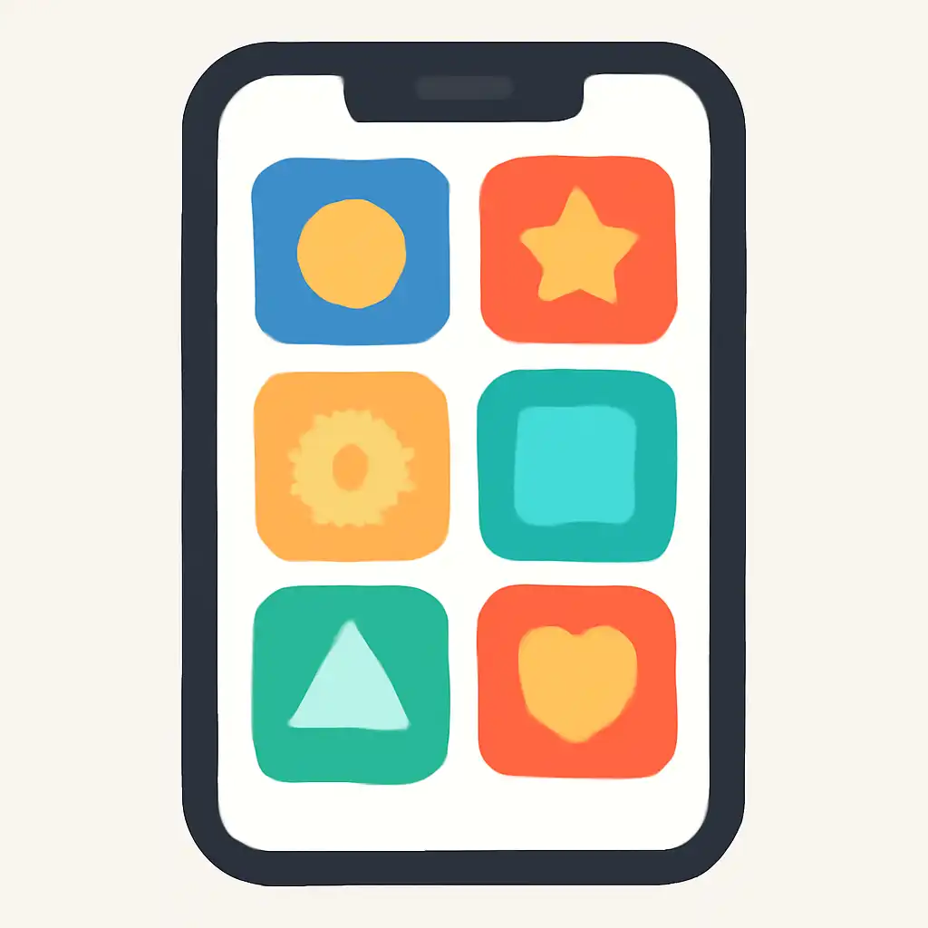 Smartphone shown from the front displaying a colourful flat layout of abstract game icons and rounded tiles, Old Results