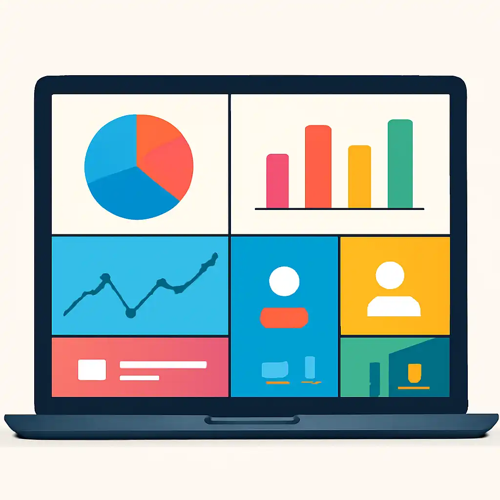 Laptop shown from the front displaying a colourful flat dashboard of abstract charts, bars and icon tiles, Old Results and