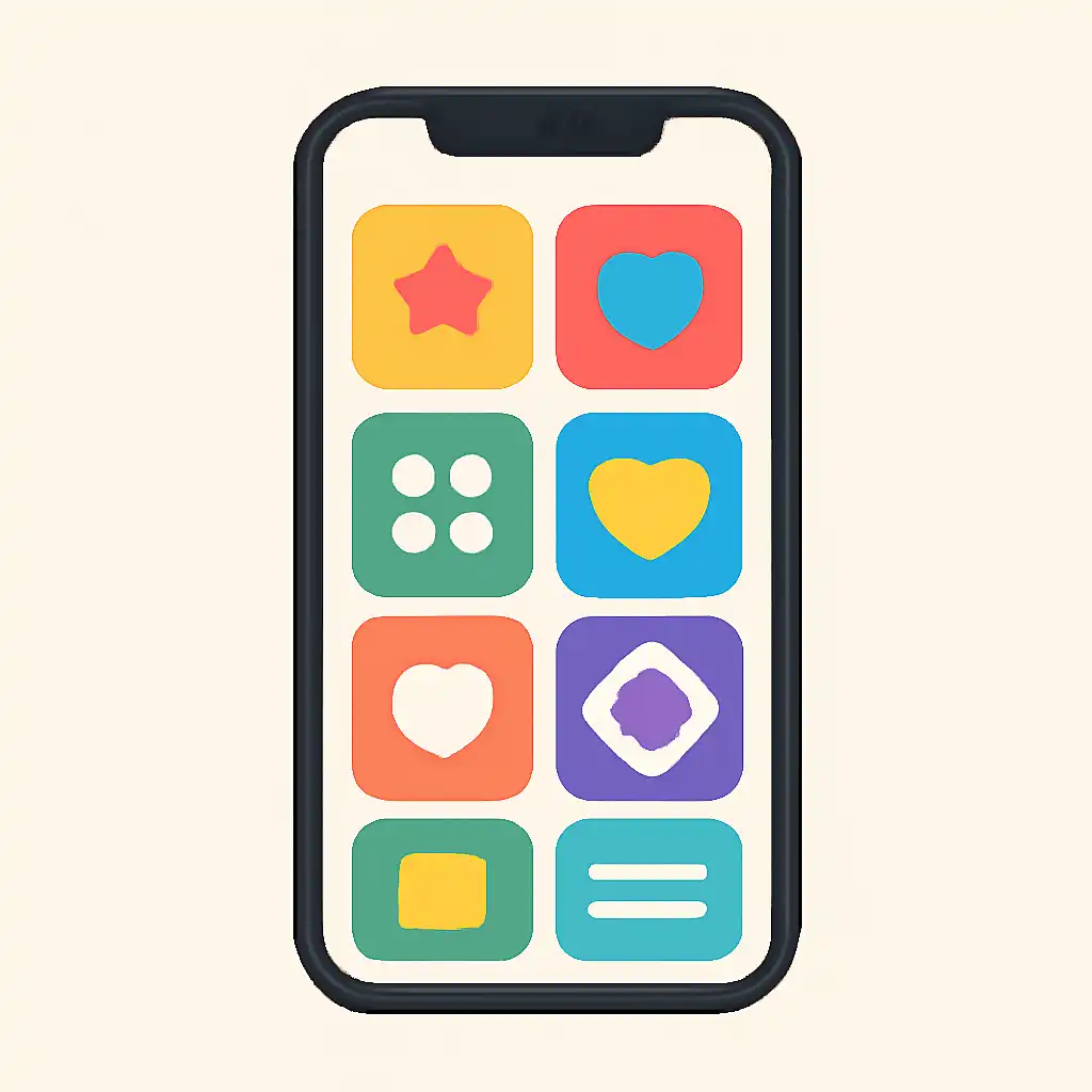 Smartphone shown from the front displaying a colourful flat layout of abstract game icons and rounded tiles, Checking a