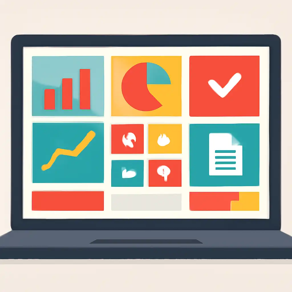 Laptop shown from the front displaying a colourful flat dashboard of abstract charts, bars and icon tiles, Checking a