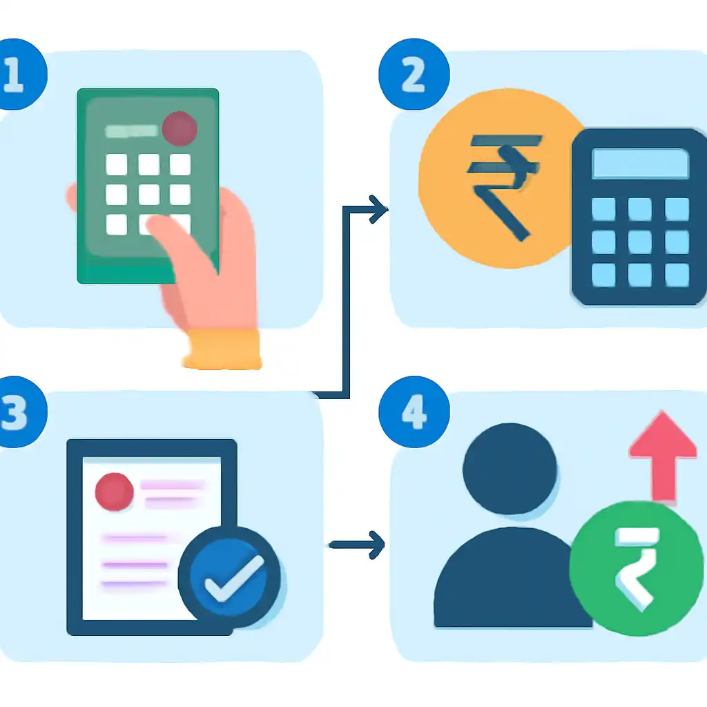 Annotated step diagram: tax on winnings process with numbered callouts, Lottery Sambad